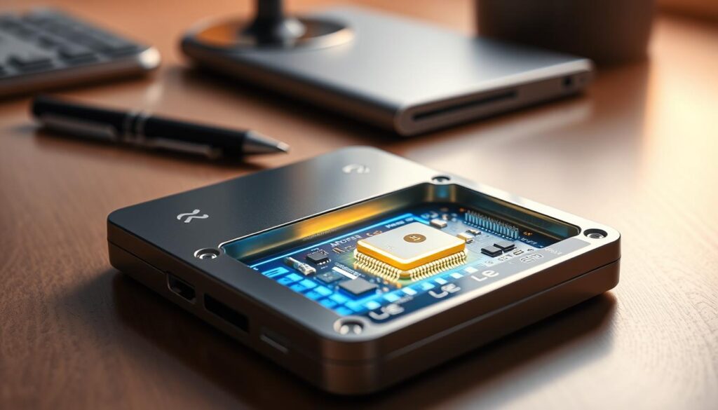 A sleek, metallic hardware wallet rests on a minimalist desk, its sturdy casing and precision-etched details conveying a sense of security and reliability. The device is backlit by a warm, soft glow, highlighting its intuitive interface and tactile buttons. In the foreground, a virtual representation of the wallet's inner workings is displayed, showcasing the intricate security measures that protect the user's digital assets, including tamper-resistant hardware, secure element chips, and advanced cryptographic algorithms. The overall scene exudes a sense of trust, professionalism, and the importance of safeguarding one's cryptocurrency investments.