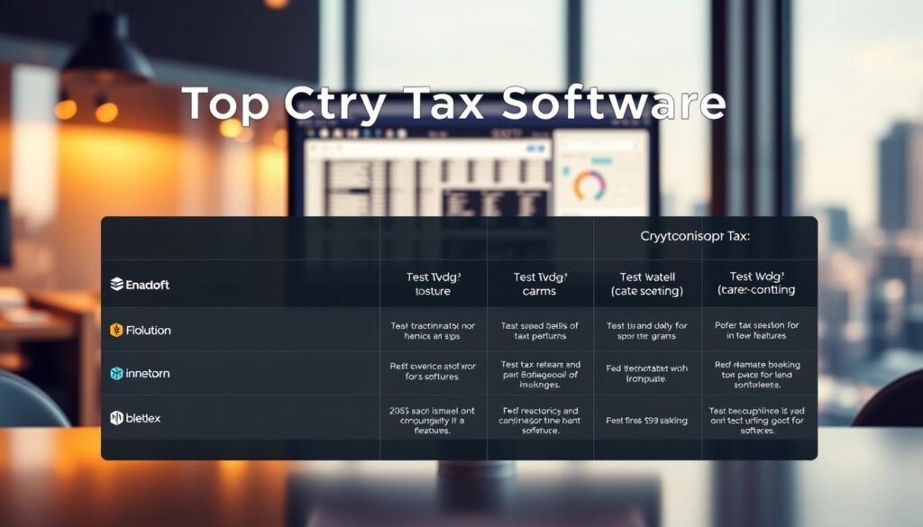 A sleek, minimalist comparison chart showcasing the top crypto tax software options, set against a backdrop of a modern, digital workspace. In the foreground, software logos and key features are displayed in a clean, organized grid, backlit by a warm, ambient glow. The middle ground features a high-resolution monitor displaying financial data and cryptocurrency transaction histories, while the background depicts a blurred, out-of-focus cityscape, symbolizing the global reach of these tax reporting tools. The overall mood is one of professionalism, efficiency, and the seamless integration of technology into the world of personal finance.