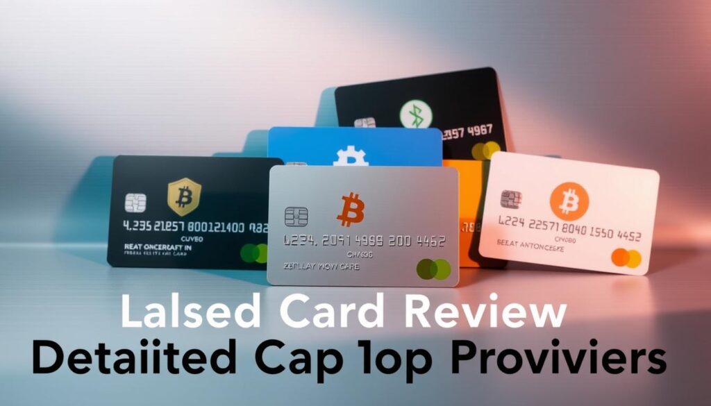 A sleek, minimalist composition depicting multiple cryptocurrency credit cards arranged on a modern, metallic background. The cards are displayed with their logos and designs prominently featured, capturing the essence of "crypto card reviews." The lighting is soft and directional, creating subtle shadows and highlights that accentuate the cards' details. The overall mood is one of sophistication and technological elegance, reflecting the high-end nature of the subject matter. The image maintains a clean, uncluttered aesthetic, allowing the cards to take center stage and convey the "Detailed Card Reviews from Top Providers" theme.