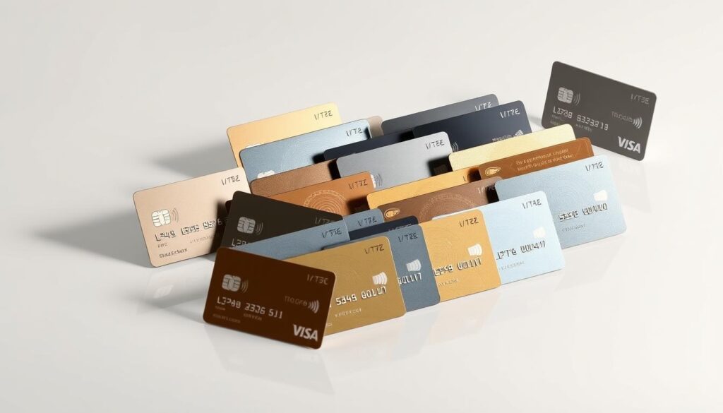 A sleek, minimalist composition showcasing a variety of cryptocurrency credit cards. Placed on a clean, reflective surface, the cards are arranged in a dynamic grid, their shiny metallic surfaces catching the light. The background is a soft, muted gradient, allowing the cards to take center stage. The overall mood is one of sophistication and technological innovation, reflecting the cutting-edge nature of the subject matter. Subtle shadows and highlights add depth and dimensionality, while a slightly elevated camera angle provides a comprehensive view of the lineup. The resulting image is visually striking and effectively conveys the essence of the "Best cryptocurrency credit cards with cashback rewards and no annual fees" section.