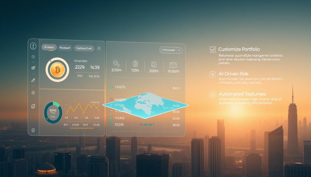 A sleek, minimalist crypto wallet interface featuring a clean dashboard with intuitive AI-powered controls. The foreground displays a 3D holographic representation of a digital asset, with real-time transaction analytics and optimization suggestions. The middle ground showcases customizable portfolio management tools, AI-driven risk assessment, and automated trading features. The background depicts a futuristic cityscape with skyscrapers and a glowing skyline, conveying a sense of technological sophistication. Soft, warm lighting and muted color tones create a calming, professional atmosphere.
