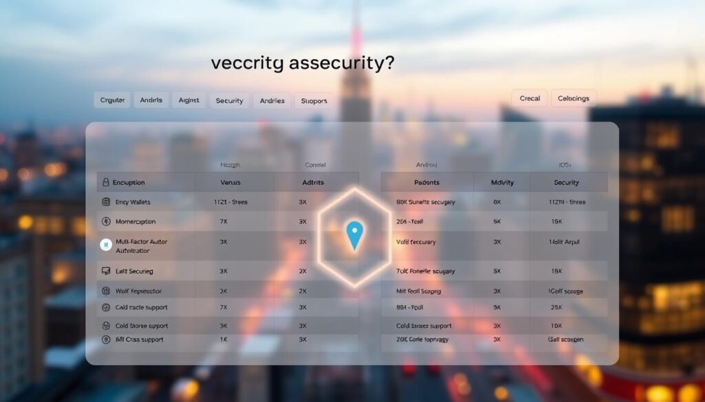 A sleek, minimalist dashboard displaying comprehensive crypto security metrics for various mobile wallets on Android and iOS. The foreground showcases a side-by-side comparison of key security indicators like encryption, multi-factor authentication, and cold storage support, with intuitive icons and clean typography. The middle ground features subtle, glowing hexagonal patterns representing the secure blockchain infrastructure powering the wallets. In the background, a softly blurred cityscape scene evokes the digital, connected nature of the crypto ecosystem. Warm, yet subdued lighting creates a professional, authoritative atmosphere, lending gravitas to the technical security analysis.