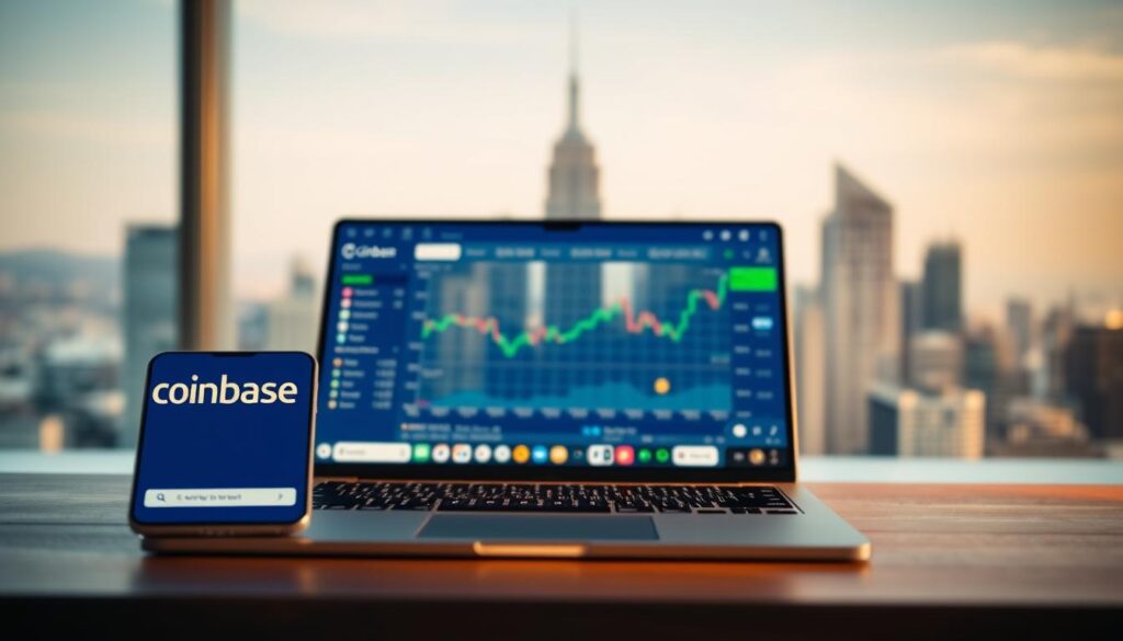 A sleek, minimalist desktop interface showcasing the Coinbase cryptocurrency trading app. In the foreground, the Coinbase logo and app UI elements are prominently displayed, conveying a sense of user-friendly accessibility. The middle ground features various cryptocurrency icons and price charts, hinting at the app's comprehensive trading capabilities. The background is a softly blurred city skyline, evoking a modern, professional atmosphere. Warm, natural lighting illuminates the scene, creating a welcoming and trustworthy ambiance. The overall composition and attention to detail reflect Coinbase's position as a mainstream, beginner-friendly entry point into the world of digital assets.