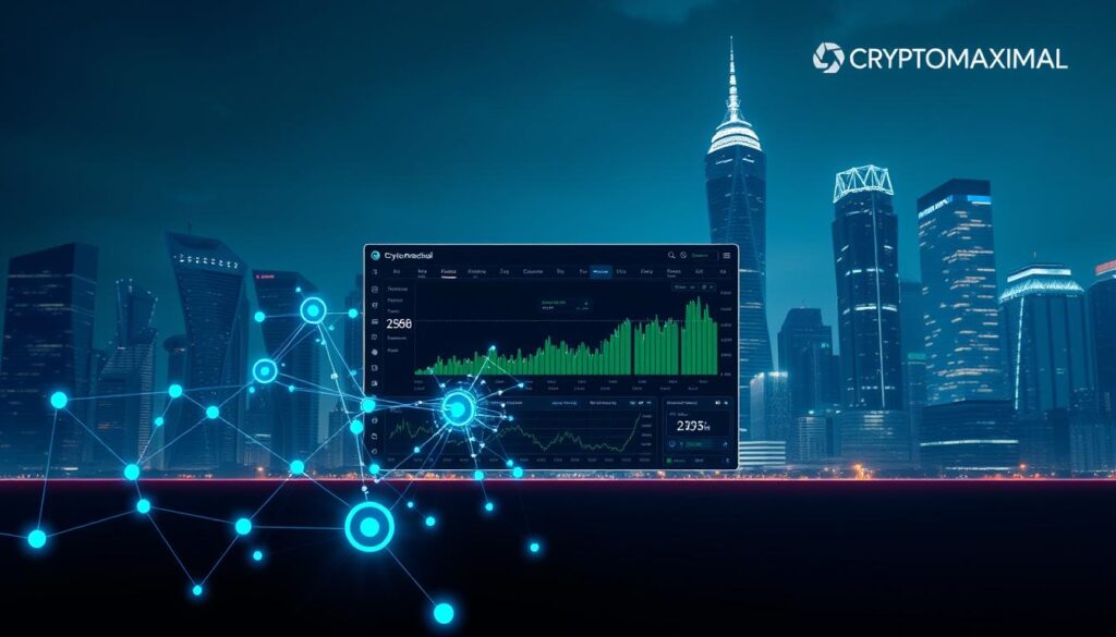 A sleek, minimalist interface with a central dashboard showcasing live cryptocurrency data, charting tools, and algorithmic trading signals. In the foreground, a futuristic-looking algorithm visualization with interconnected nodes and data streams, illuminated by cool blue and green hues. The background features a cityscape of towering skyscrapers, their reflections rippling in the night sky, punctuated by neon-lit CRYPTOMAXIMAL branding. The overall atmosphere is one of technological prowess, precision, and the power of AI-driven crypto trading.