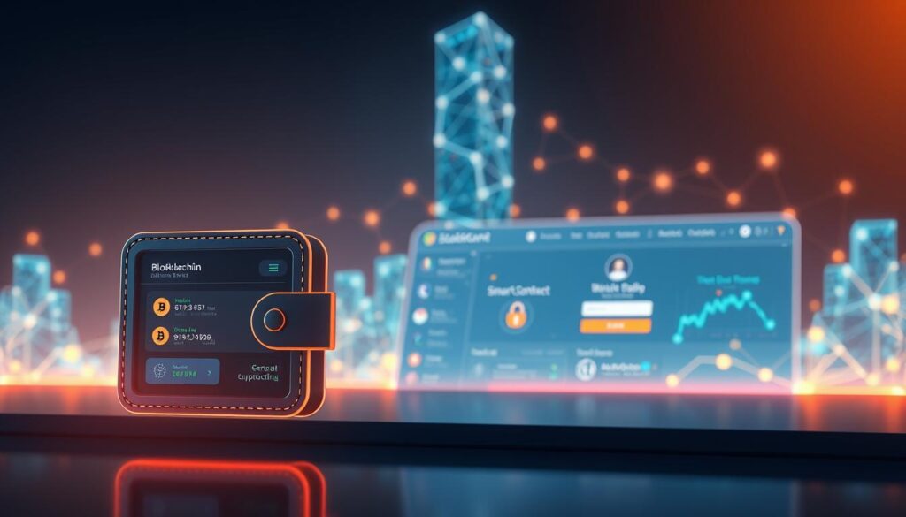A sleek, modern banking interface seamlessly integrates blockchain technology. In the foreground, a stylized digital wallet displays cryptocurrency transactions and balances. The middle ground features a virtual banking dashboard with secure login, smart contract management, and decentralized finance tools. In the background, a towering blockchain network visualized as a glowing, interconnected digital landscape. Ambient lighting casts a warm, futuristic glow, conveying a sense of innovation and trust in this cutting-edge financial ecosystem.