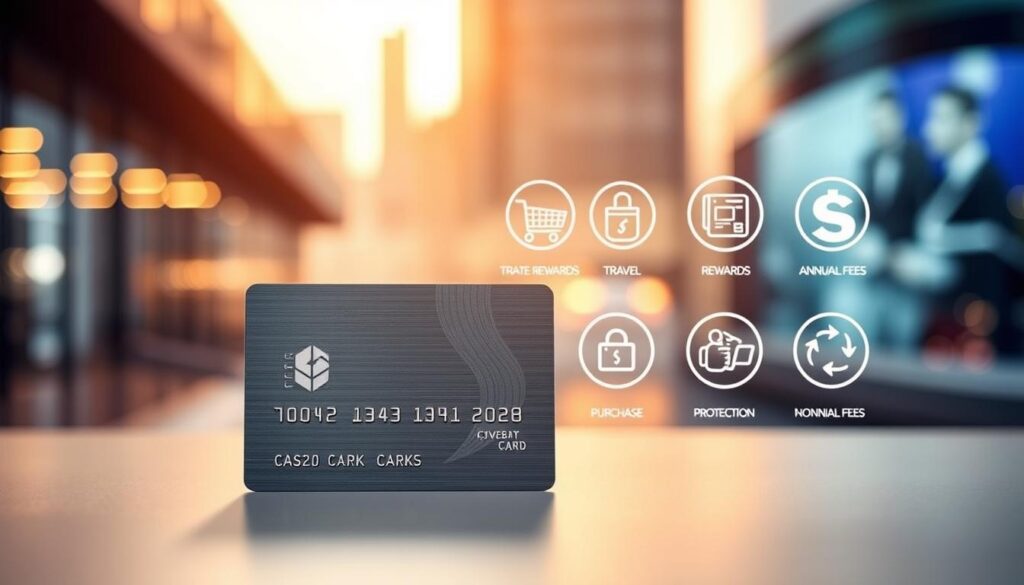 A sleek, modern composition showcasing the key benefits of a cryptocurrency credit card. In the foreground, a metallic-textured card with a prominent cryptocurrency logo and subtle cashback icon. In the middle ground, an array of icons representing perks like travel rewards, purchase protection, and no annual fees. The background is a softly blurred cityscape, conveying a sense of urban sophistication. Warm, directional lighting casts subtle shadows, creating depth and highlighting the card's premium materials. The overall aesthetic is clean, minimalist, and visually striking, designed to captivate the viewer and communicate the card's core advantages.