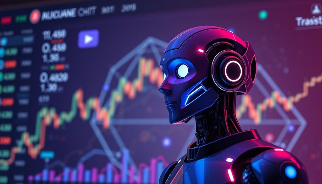 A sleek, modern crypto exchange interface showcasing an AI chatbot in the foreground, its virtual assistant avatar illuminated by cool, neon-tinged lighting. The chatbot is surrounded by dynamic data visualizations, charts, and transaction activity, conveying the efficiency and precision of AI-powered customer support. The background is a subtly textured, abstract representation of blockchain technology, with subtle digital patterns and shapes. The overall scene radiates a sense of technological sophistication, security, and the seamless integration of AI into the cryptocurrency trading experience.