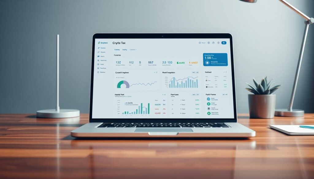 A sleek, modern crypto tax software interface displayed on a laptop screen, with a clean and minimalist design. The screen shows a user-friendly dashboard with intuitive navigation, featuring graphs, charts, and interactive tools to help users easily track and manage their cryptocurrency tax obligations. The laptop is positioned on a polished wood desk, with a minimalist desk lamp and a potted plant adding a touch of greenery to the scene. The overall atmosphere is one of professionalism, efficiency, and attention to detail, reflecting the importance of accurate cryptocurrency tax reporting.