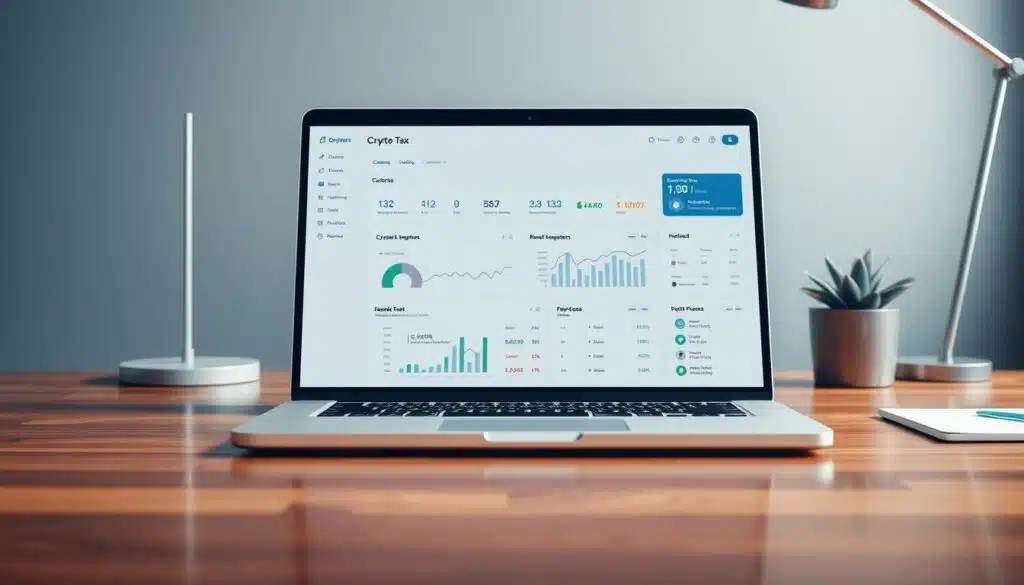 A sleek, modern crypto tax software interface displayed on a laptop screen, with a clean and minimalist design. The screen shows a user-friendly dashboard with intuitive navigation, featuring graphs, charts, and interactive tools to help users easily track and manage their cryptocurrency tax obligations. The laptop is positioned on a polished wood desk, with a minimalist desk lamp and a potted plant adding a touch of greenery to the scene. The overall atmosphere is one of professionalism, efficiency, and attention to detail, reflecting the importance of accurate cryptocurrency tax reporting. A sleek, modern crypto tax software interface displayed on a laptop screen, with a clean and minimalist design. The screen shows a user-friendly dashboard with intuitive navigation, featuring graphs, charts, and interactive tools to help users easily track and manage their cryptocurrency tax obligations. The laptop is positioned on a polished wood desk, with a minimalist desk lamp and a potted plant adding a touch of greenery to the scene. The overall atmosphere is one of professionalism, efficiency, and attention to detail, reflecting the importance of accurate cryptocurrency tax reporting.