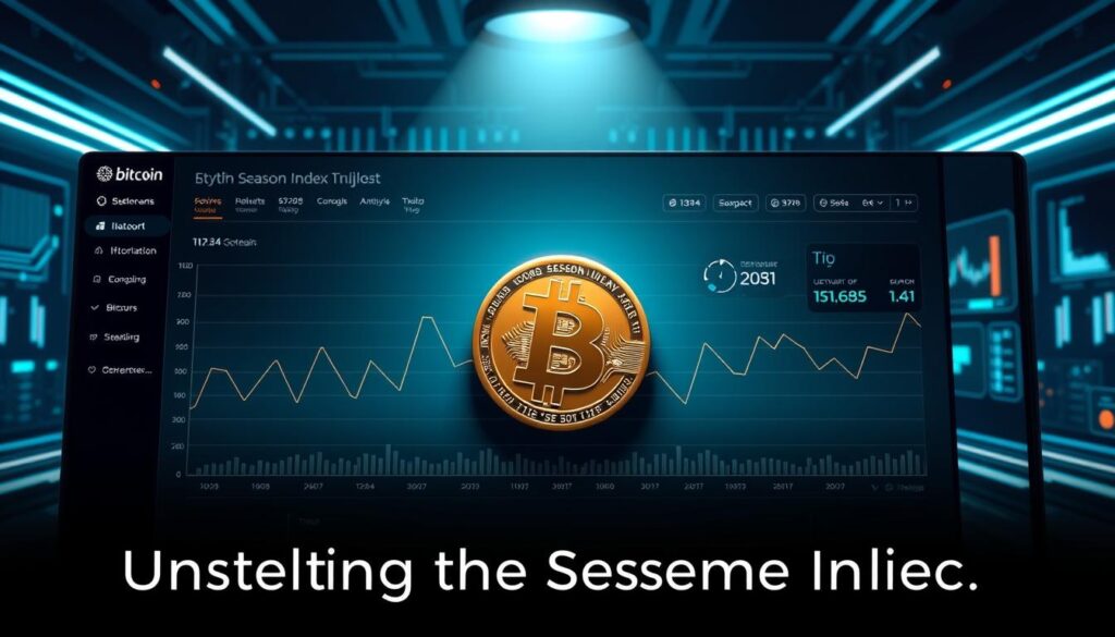 A sleek, modern dashboard display showcasing the Bitcoin Season Indicator analysis. The foreground features a minimalist line graph charting the fluctuations of the indicator over time, with clean data visualizations and intuitive UI elements. The middle ground depicts a stylized Bitcoin icon, its faceted surface reflecting the ever-changing cryptocurrency market. The background is a cool-toned, high-tech environment with subtle grid patterns and data streams, conveying a sense of technological sophistication. Dramatic lighting from above casts dramatic shadows, heightening the dramatic, analytical mood. The overall composition strikes a balance between data-driven pragmatism and visual elegance, perfectly suited to illustrate the "Understanding the Bitcoin Season Index" section.
