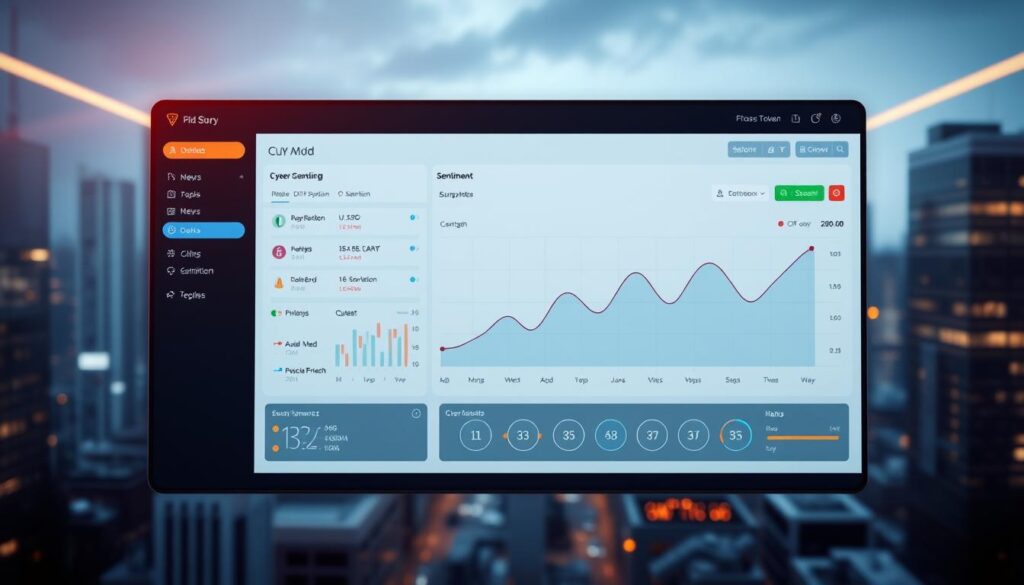 A sleek, modern data analysis platform with intuitive visualizations and real-time sentiment tracking dashboards. In the foreground, a clean user interface displays a line graph charting the sentiment of cryptocurrency-related social media posts and news articles. In the middle ground, clusters of data points and icons representing different sentiment metrics are arranged in a visually appealing layout. The background features an abstract, futuristic cityscape with glowing neon accents, conveying a high-tech, cutting-edge atmosphere. Soft, directional lighting creates depth and highlights the key elements, while a cinematic depth of field keeps the focus on the core functionality. The overall mood is one of efficiency, insight, and advanced AI-powered market analysis.