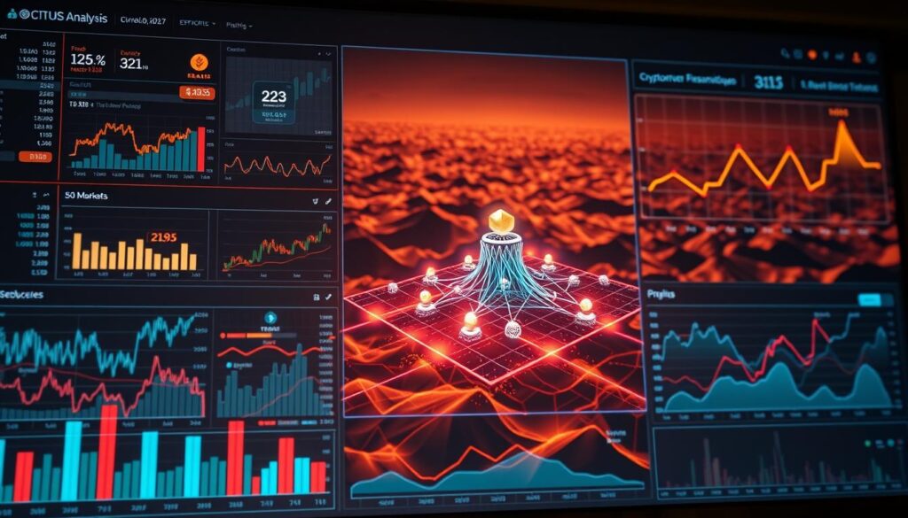 A sleek, modern data visualization dashboard showcases various cryptocurrency analysis techniques. In the foreground, a series of interactive charts, graphs, and heatmaps display real-time market data, price trends, and technical indicators. The middle ground features a 3D holographic model of a cryptocurrency network, its nodes and connections pulsing with activity. In the background, a vast landscape of digital landscapes and abstract geometric patterns suggests the complexity and interconnectedness of the crypto ecosystem. Warm, diffused lighting casts a serene, contemplative atmosphere, inviting the viewer to delve deeper into the world of cryptocurrency analysis and investment strategies.