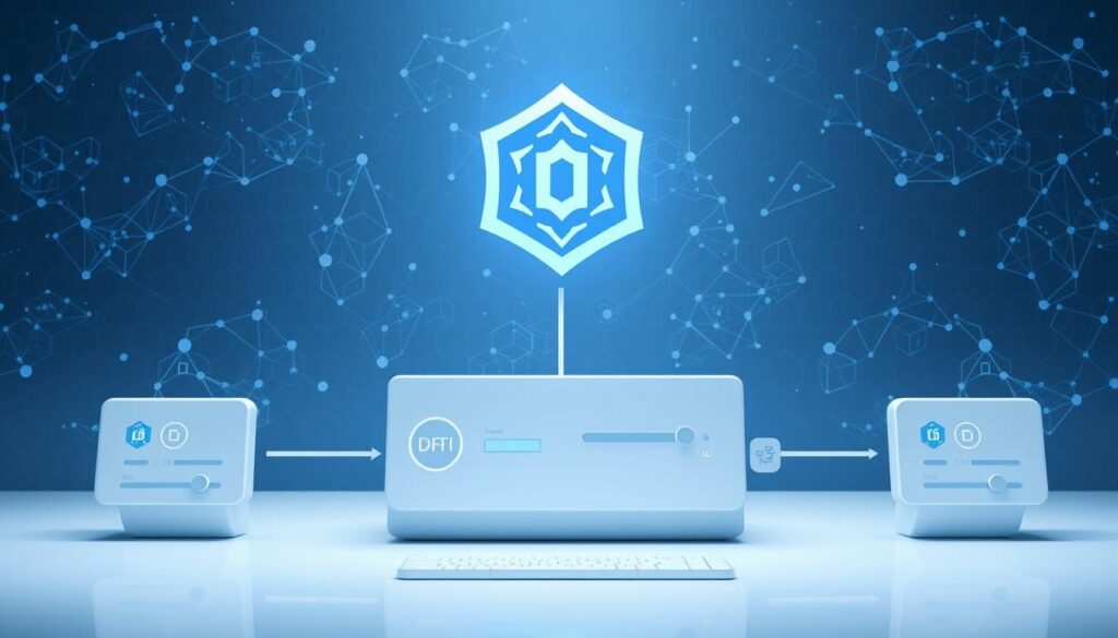 A sleek, modern digital illustration depicting the step-by-step process of using NFTs as collateral for DeFi lending and borrowing protocols. In the foreground, a stylized NFT icon hovers above a minimalist, blockchain-inspired interface, with various buttons and toggles representing the different stages of the collateralization workflow. The mid-ground features a series of interconnected nodes and data visualizations, showcasing the underlying blockchain infrastructure. In the background, a dynamic grid of hexagonal patterns creates a sense of depth and technological sophistication. The overall composition is illuminated by a soft, directional lighting that casts subtle shadows, emphasizing the 3D elements and creating a clean, professional aesthetic.