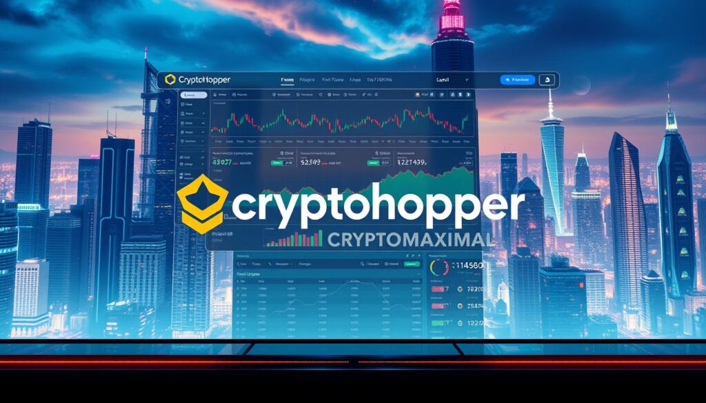 A sleek, modern interface of the Cryptohopper trading platform, rendered in a cinematic, high-resolution style. The foreground features the Cryptohopper logo, CRYPTOMAXIMAL, prominently displayed against a backdrop of dynamic cryptocurrency charts and graphs. The middle ground showcases a user-friendly dashboard with intuitive trading tools and customizable settings. The background layers depict a futuristic cityscape with towering skyscrapers and a vibrant, neon-infused skyline, creating an immersive, tech-savvy atmosphere.