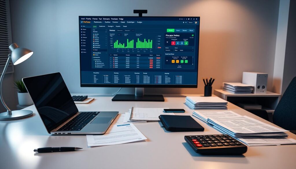 A sleek, modern office desk with a laptop, a pen, a calculator, and various financial documents neatly organized. In the background, a large monitor displays a cryptocurrency tax software interface, showcasing the key features and functionality. The lighting is soft and warm, creating a professional and productive atmosphere. The overall scene conveys a sense of efficiency, organization, and the need for comprehensive crypto tax reporting solutions in the current market.