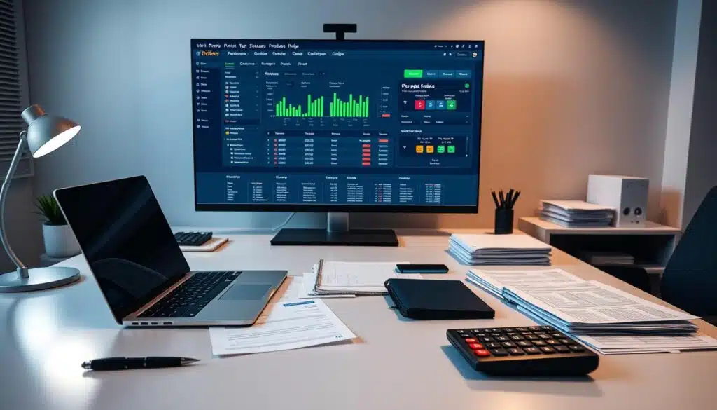 A sleek, modern office desk with a laptop, a pen, a calculator, and various financial documents neatly organized. In the background, a large monitor displays a cryptocurrency tax software interface, showcasing the key features and functionality. The lighting is soft and warm, creating a professional and productive atmosphere. The overall scene conveys a sense of efficiency, organization, and the need for comprehensive crypto tax reporting solutions in the current market. A sleek, modern office desk with a laptop, a pen, a calculator, and various financial documents neatly organized. In the background, a large monitor displays a cryptocurrency tax software interface, showcasing the key features and functionality. The lighting is soft and warm, creating a professional and productive atmosphere. The overall scene conveys a sense of efficiency, organization, and the need for comprehensive crypto tax reporting solutions in the current market.