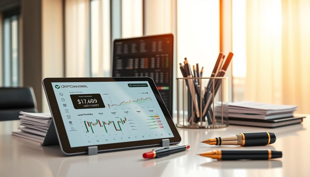 A sleek, modern office desk with various investment tools neatly arranged. In the foreground, a CRYPTOMAXIMAL-branded tablet displays a wealth management dashboard, its intuitive interface showcasing the latest crypto portfolio performance. Beside it, a stack of financial reports and a high-end fountain pen, signifying the precision and sophistication of this AI-driven rebalancing solution. In the middle ground, a polished metal desk organizer holds a range of tools - from a risk analysis calculator to a portfolio optimization algorithm. The background features floor-to-ceiling windows, bathing the scene in warm, natural lighting that reflects off the sleek, minimalist decor, creating an atmosphere of calm, professional authority.