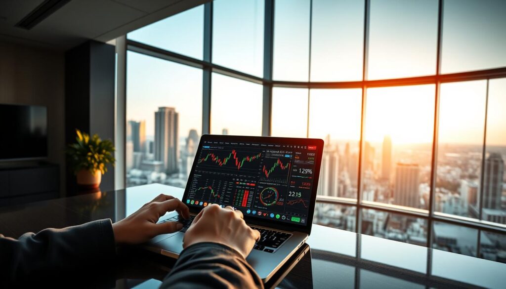 A sleek, modern office interior with a large panoramic window overlooking a bustling city skyline. On the desk, a laptop displays a comprehensive financial dashboard, showcasing candlestick charts, performance metrics, and trading indicators. The room is bathed in warm, directional lighting, creating a focused and analytical atmosphere. In the foreground, a pair of hands meticulously analyze the data, seeking to uncover patterns and optimize a trading strategy. The overall scene conveys a sense of diligent evaluation and data-driven decision-making.