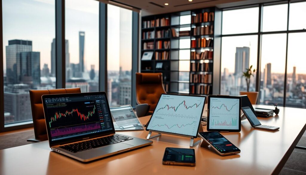 A sleek, modern office interior with large windows overlooking a bustling cityscape. In the foreground, a stylish desk with a laptop displaying various charts, graphs, and cryptocurrency price data. On the desk, there are several other digital devices like tablets and smartphones, each showcasing different machine learning algorithms and price prediction models related to Bitcoin. The middle ground features a comfortable leather chair and a bookshelf filled with finance, economics, and data science textbooks. The background is softly lit, with warm lighting and a minimalist decor, creating a professional, high-tech atmosphere conducive to financial analysis and forecasting.