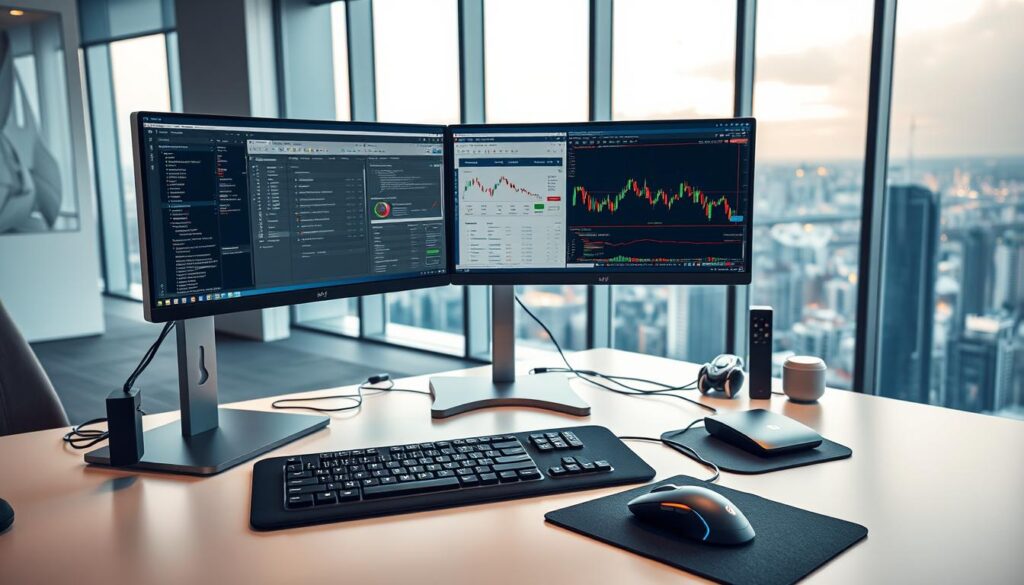 A sleek, modern office workspace with a focus on trading bot development tools. In the foreground, a minimalist, high-resolution desktop computer with multiple monitors displaying programming interfaces, data analytics dashboards, and automated trading strategies. On the desk, an ergonomic keyboard, a stylish mouse, and a high-end gaming mouse pad. The middle ground features various development tools and software such as coding editors, version control systems, and machine learning libraries. The background showcases floor-to-ceiling windows overlooking a vibrant cityscape, bathed in warm, diffused lighting that creates a productive and innovative atmosphere.
