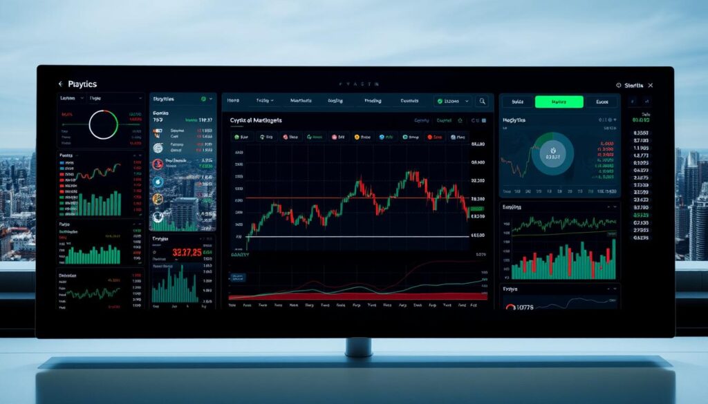 A sleek, modern trading dashboard displaying real-time market data and analytics. In the foreground, a series of charts, graphs, and financial indicators update dynamically, conveying the ebb and flow of the crypto markets. The middle ground features a large, high-resolution price chart tracking the performance of major cryptocurrency pairs. In the background, a cityscape stretches out, hinting at the global scope of the financial landscape. The lighting is clean and crisp, with a cool, technological color palette that evokes the precision and efficiency of AI-driven market analysis. The overall scene exudes a sense of authority, control, and the ability to make informed trading decisions in the face of volatile market conditions.