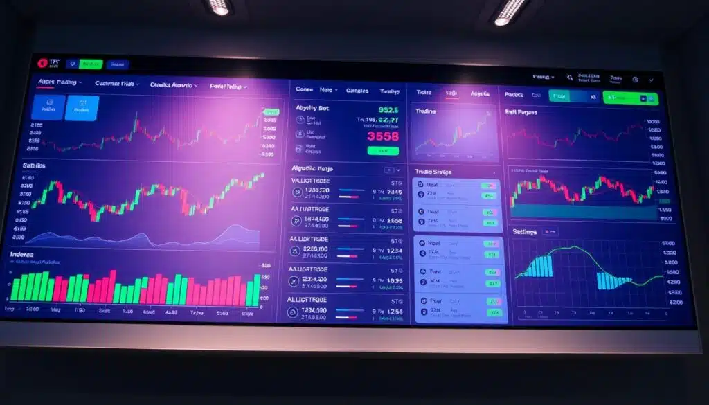 A sleek, modern trading dashboard displays real-time cryptocurrency market data and analytics. Boldly colored charts, graphs, and indicators fill the foreground, illuminated by soft, indirect lighting that creates a focused, professional atmosphere. In the middle ground, customizable trading bot settings and algorithmic parameters are shown, allowing precise control over automated strategies. The background features a minimalist, neutral color scheme, emphasizing the technological sophistication of the crypto trading tools. The overall impression is one of a powerful, intuitive system designed to streamline the complexities of algorithmic cryptocurrency trading.