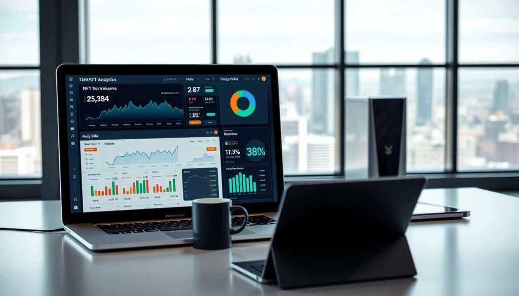 A sleek, modern workspace with a digital display showcasing various NFT analytics and market data visualizations. In the foreground, a laptop screen displays real-time NFT trading volume, price trends, and rarity metrics. The middle ground features a minimalist desk with a high-end desktop computer, a tablet, and a coffee mug. The background depicts a clean, well-lit office environment with large windows overlooking a dynamic cityscape. The overall mood is one of focus, productivity, and professional NFT market research.