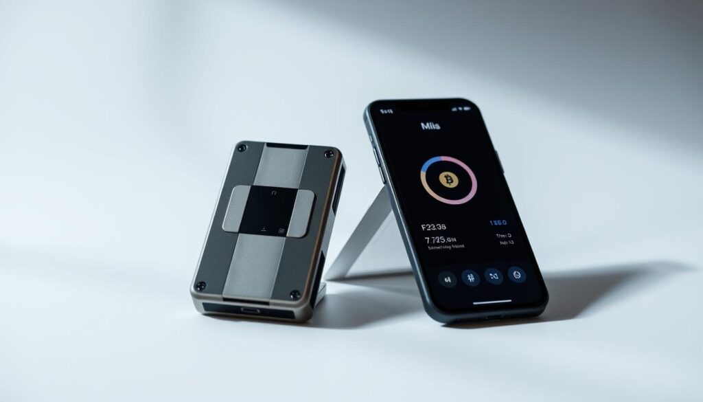 A sleek, well-lit studio setting showcasing a hardware cryptocurrency wallet and a software wallet app on a mobile device side-by-side. The hardware wallet is meticulously detailed, with a premium metal casing and a high-resolution display. The mobile device displays the software wallet app, featuring a clean and intuitive user interface. The lighting is soft and directional, casting subtle shadows that accentuate the forms and textures of the devices. The composition is balanced, with the hardware and software wallets arranged in a visually appealing manner, highlighting their distinct features and capabilities. The overall mood is one of professionalism, security, and technological sophistication.