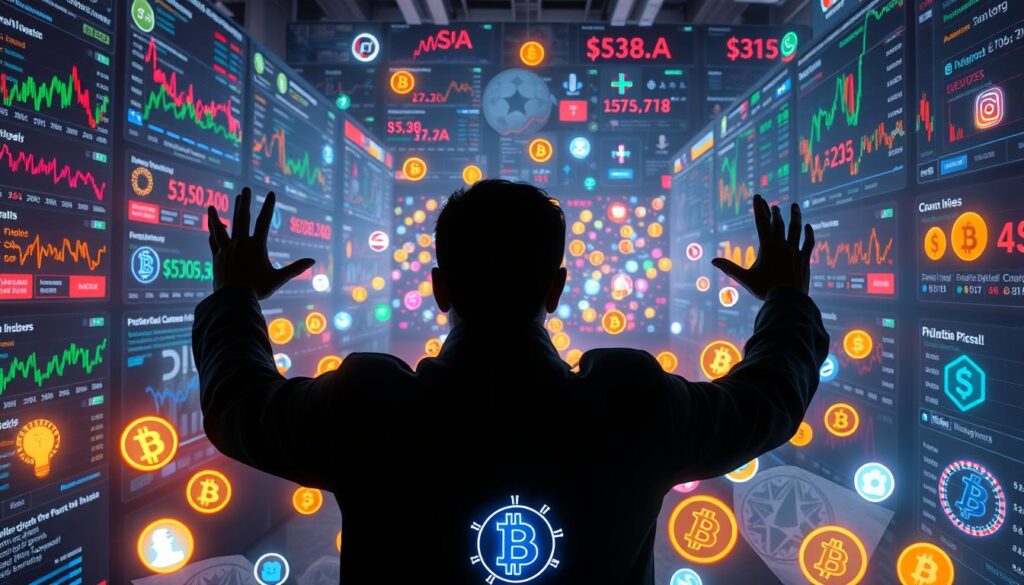 A social media platform dominated by colorful crypto charts, flashing notifications, and hype-fueled influencers. In the foreground, a shadowy figure waves their hands, luring unsuspecting investors with promises of easy riches. The middle ground features a swarm of glowing, holographic crypto logos, each vying for attention. The background is a kaleidoscope of trending hashtags, emoji-laden comments, and fake "insider" tips. Dramatic lighting casts an ominous glow, as if the entire scene is about to collapse under the weight of its own deception. The mood is one of frenzied desperation, where the thrill of potential gains overshadows the looming threat of a classic "pump and dump" scheme.