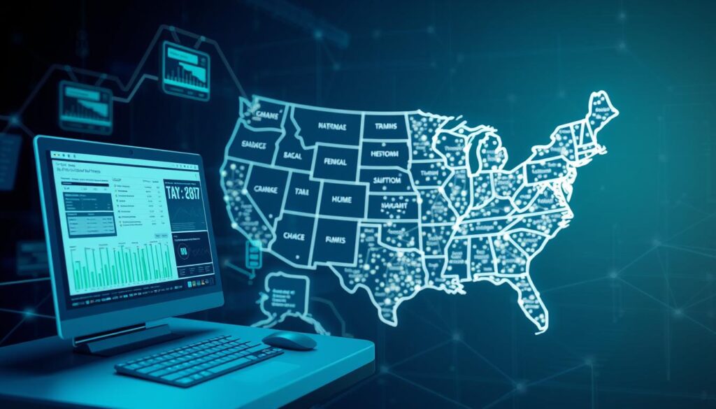 A sophisticated AI system analyzing various tax forms and digital ledgers, seamlessly integrating state-level compliance requirements. In the foreground, a sleek, minimalist user interface with intuitive controls and real-time data visualizations. The middle ground features a complex neural network, data streams, and cryptographic algorithms working in harmony. The background showcases a multi-colored topographical map of the United States, highlighting the intricate web of state-level tax regulations. Subtle blue and green hues create a calming, tech-forward atmosphere, while strategic lighting and camera angles convey a sense of power and efficiency.