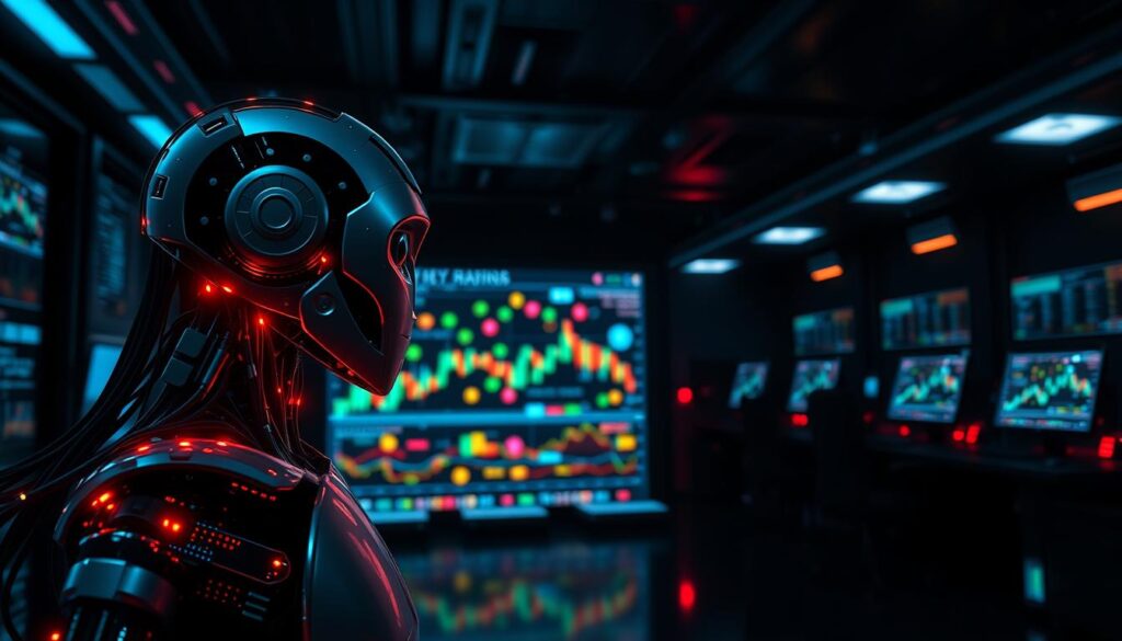 A sophisticated AI trading bot commands the foreground, its circuits and algorithms pulsing with energy. In the middle ground, colorful cryptocurrency symbols and charts dance across a high-tech display, reflecting the bot's real-time analysis of market trends. The background depicts a dimly lit, futuristic trading floor, illuminated by the glow of multiple screens and the faint outlines of other automated trading systems. Dramatic lighting casts long shadows, creating a sense of power and innovation. The overall mood is one of technological prowess, efficiency, and the seamless integration of artificial intelligence within the dynamic world of cryptocurrency trading.
