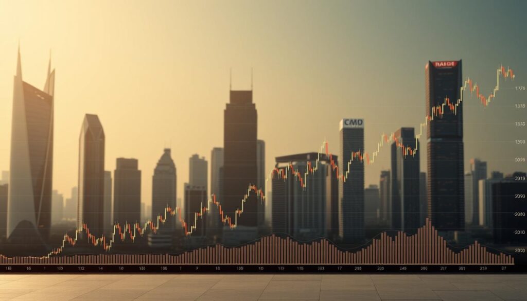 A sophisticated crypto chart against a backdrop of a sleek, futuristic cityscape. In the foreground, a detailed line chart depicting the volatile fluctuations of digital currency prices, with candlestick patterns and technical indicators meticulously rendered. The middle ground features a holographic display showcasing key market trends and data visualizations. In the distance, a skyline of towering skyscrapers, their facades adorned with dynamic neon-lit signage, creating an atmosphere of technological progress and financial innovation. Soft, directional lighting casts dramatic shadows, enhancing the sense of depth and highlighting the chart's intricate details. The overall scene conveys the complexity and dynamism of the cryptocurrency trading landscape.