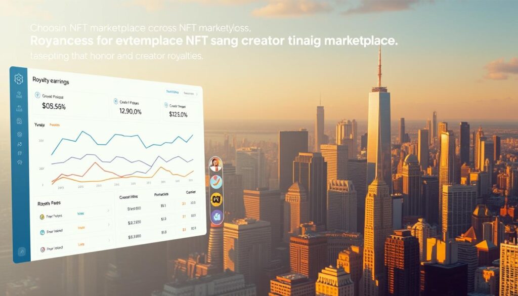 A sophisticated, data-driven visual comparison of the royalty structures and creator earnings across leading NFT marketplaces. The foreground depicts a sleek, minimalist dashboard displaying real-time analytics on royalty rates, creator payouts, and marketplace fees. The middle ground showcases various NFT artworks and collectibles, each with clear indicators of their associated royalties. The background features a cityscape of skyscrapers representing the digital landscape of the NFT economy, bathed in warm, golden lighting that conveys a sense of prosperity and opportunity. The overall composition is clean, modern, and visually compelling, designed to effectively communicate the key points of the article's section on choosing NFT marketplaces that honor and enforce creator royalties.