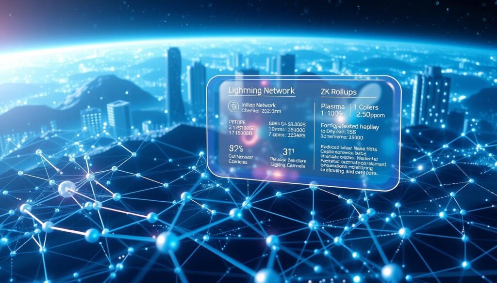 A sophisticated visualization of blockchain Layer 2 scaling solutions. In the foreground, a complex network of interconnected nodes and channels, depicting the intricate web of off-chain transactions. In the middle ground, a glossy, holographic display showcases the technical specifications and capabilities of various Layer 2 protocols, such as Lightning Network, Plasma, and ZK-Rollups. The background is a dynamic, ever-changing landscape of blockchain technology, with towering data structures and shimmering energy fields, symbolizing the power and potential of these scalability solutions. The scene is bathed in a cool, futuristic light, conveying a sense of technological advancement and innovation. The overall impression is one of a highly advanced, seamless, and efficient blockchain ecosystem.