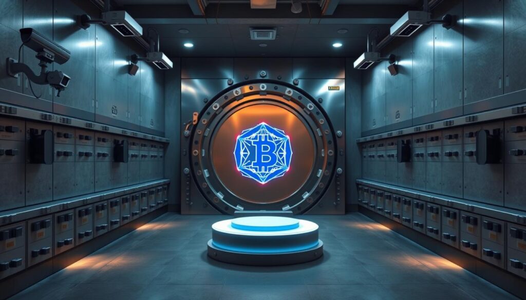 A spacious, well-lit institutional-grade vault, its robust steel walls and reinforced concrete foundation exuding an air of impenetrable security. High-tech surveillance cameras and motion sensors flank the heavy-duty vault door, casting a watchful gaze. The interior is meticulously organized, with rows of secure deposit boxes and state-of-the-art temperature and humidity controls. Soft, indirect lighting casts a warm, reassuring glow, conveying a sense of trust and reliability. In the center, a display pedestal showcases a digital representation of blockchain technology, symbolizing the advanced cryptographic safeguards protecting the valuable crypto assets within.