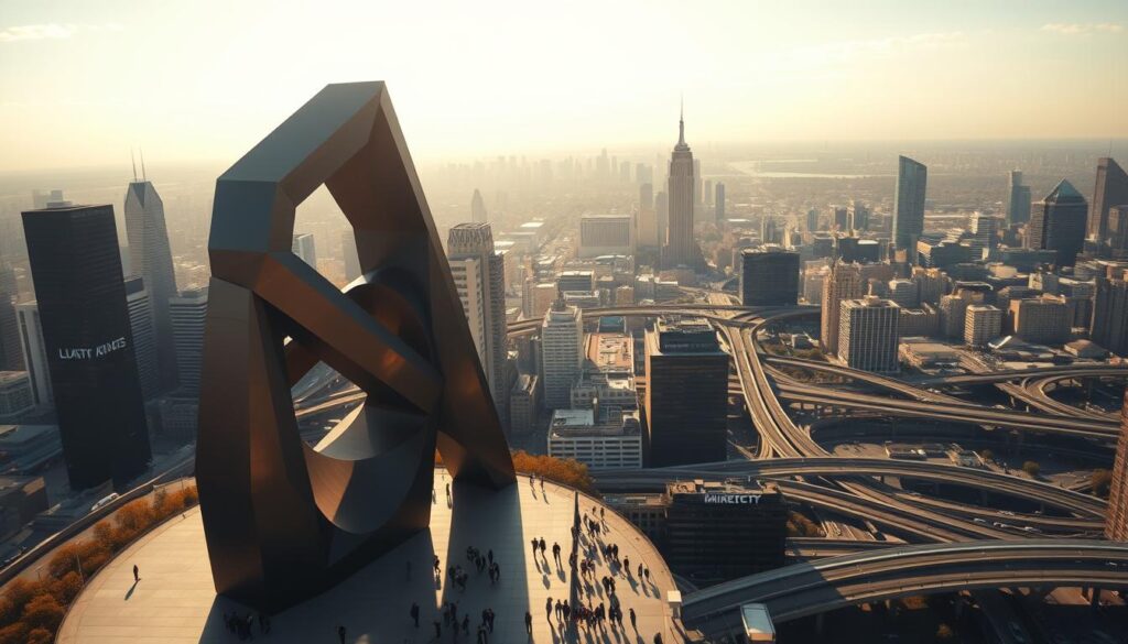A sprawling cityscape bathed in a warm, golden light, skyscrapers reaching towards a cloudless sky. In the foreground, a bold, angular sculpture of interlocking shapes, casting long shadows that stretch across the bustling financial district below. The sculpture symbolizes the market's dominance, its towering presence commanding attention. In the middle ground, traders and investors hurry along the sidewalks, their movements mirroring the rhythmic flow of capital. The background features a network of highways and railways, the arteries of commerce carrying the lifeblood of the economy. The scene conveys a sense of power, innovation, and the relentless drive for market supremacy.