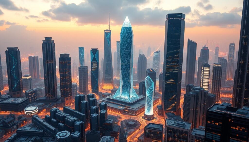 A sprawling cityscape of gleaming skyscrapers, their facades adorned with intricate blockchain-inspired patterns. In the foreground, a maze of interconnected servers, cables, and data centers, pulsing with digital energy. Towering monoliths of crystalline blockchain nodes stand as sentinels, their multifaceted surfaces reflecting the city's vibrant lights. The scene is bathed in a warm, futuristic glow, conveying the seamless integration of blockchain technology into the very fabric of the urban landscape. Sleek, minimalist design elements and a sense of technological sophistication permeate the image, embodying the innovative spirit of the blockchain infrastructure solutions.