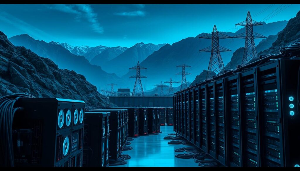 A sprawling cryptocurrency mining facility, nestled in a rugged, mountainous landscape. The foreground features a cluster of sleek, high-performance mining rigs, their cooling fans whirring and LED lights flickering, conveying the intense computational power required. The middle ground showcases a series of server racks, meticulously organized, representing the complex infrastructure needed to maintain and optimize the mining operation. In the background, towering electrical pylons and transformers loom, symbolizing the immense energy demands of the mining process. The scene is bathed in a cool, blue-tinged lighting, creating a sense of technological austerity, while the dramatic mountainous backdrop suggests the environmental challenges faced by miners. The overall composition conveys the delicate balance between the technological and natural worlds, and the impact that mining difficulty has on the profitability of cryptocurrency operations.