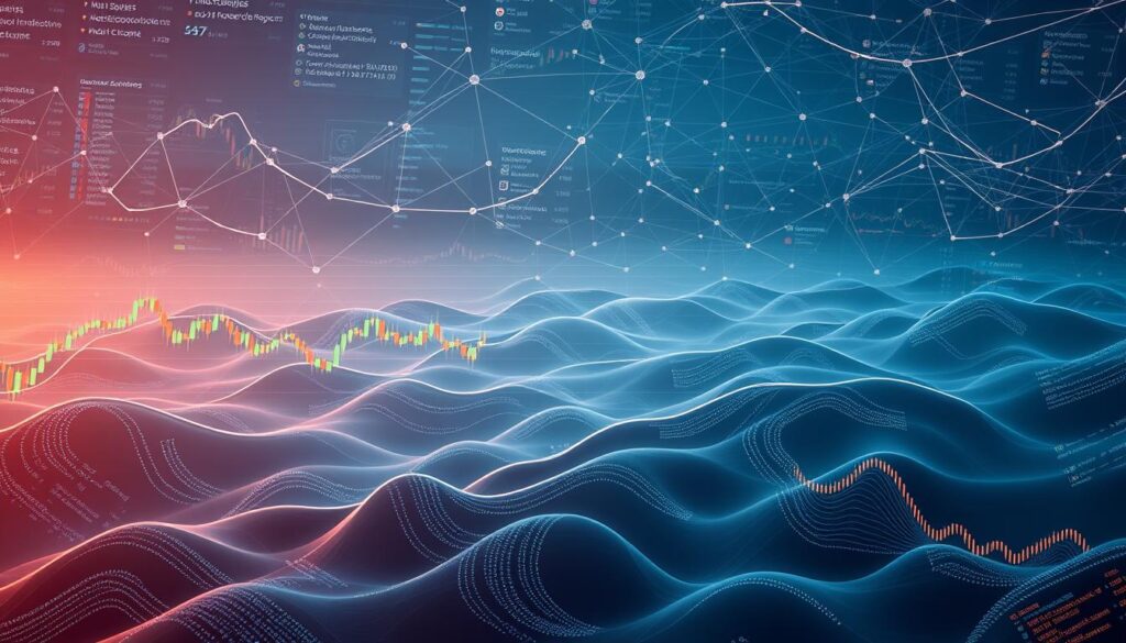 A sprawling digital landscape, where lines of code intertwine with financial data streams. In the foreground, a hybrid analysis dashboard displays candlestick charts, technical indicators, and fundamental metrics in an elegant, minimalist interface. The middle ground showcases a holistic view of market trends, macroeconomic factors, and crypto-asset performance, illuminated by a soft, ambient glow. In the background, a network of interconnected nodes and algorithms hum with the rhythmic pulse of real-time analysis, creating a symphony of data-driven insights. The overall atmosphere is one of balance, precision, and a profound understanding of the complex interplay between technical and fundamental analysis in the dynamic world of cryptocurrency investments.