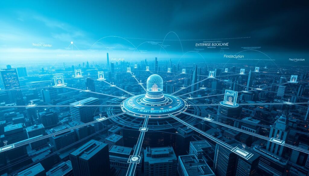 A sprawling enterprise blockchain landscape, featuring a central hub of interconnected applications and services. In the foreground, sleek data visualizations and user interfaces showcasing real-time analytics and insights. In the middle ground, a network of secure, decentralized transactions and smart contract executions. The background depicts a futuristic city skyline, hinting at the far-reaching impact of blockchain technology on the modern enterprise. Lighting is dramatic, with a cool, technology-driven palette. Captured through a wide-angle lens to convey the vast scale and scope of blockchain's enterprise potential.