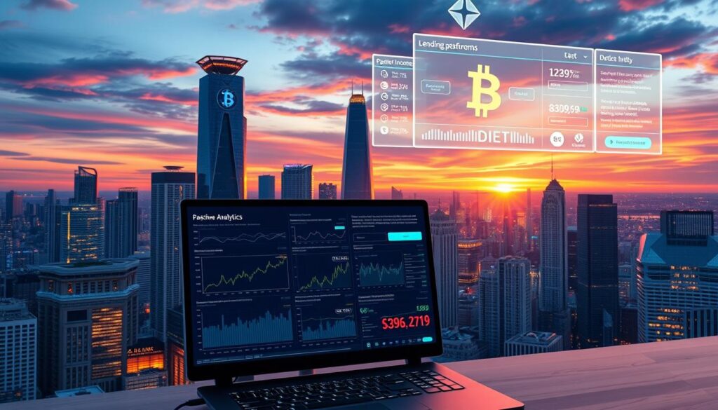 A sprawling financial metropolis, its gleaming skyscrapers adorned with neon crypto symbols, set against a vibrant sunset sky. In the foreground, a desktop computer displays a complex array of charts, graphs, and investment strategies, casting a warm glow over the scene. Holographic interfaces hover in the air, showcasing the latest lending platform analytics and passive income opportunities. The composition captures the dynamic, high-tech nature of the crypto investment landscape, inviting the viewer to explore the potential of decentralized finance.