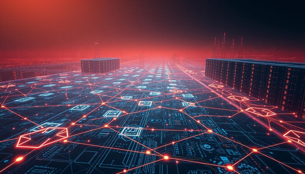 A sprawling, futuristic digital network of interconnected nodes and pathways, bathed in a warm, ethereal glow. The foreground features a sleek, minimalist design with interlocking geometric shapes representing the core infrastructure. The middle ground showcases a dynamic, ever-evolving matrix of data streams, visualized as intricate lines and pulses of light. In the background, a vast, three-dimensional landscape of towering server towers and towering computational hubs, their intricate circuitry and heat signatures visible against a darkened sky. The overall atmosphere conveys a sense of power, resilience, and technological sophistication, reflecting the durable, established nature of the Ethereum, Solana, and Dogecoin networks.