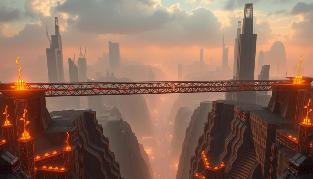 A sprawling, high-resolution render of a futuristic cross-chain blockchain bridge, illuminated by a warm, golden light. The bridge's sleek, metallic structure stretches across a vast chasm, connecting two vast, polygonal blockchain networks. The foreground features intricate, holographic details and glowing data flows, while the background showcases a dramatic, cyberpunk-inspired cityscape with towering skyscrapers and a hazy, atmospheric sky. The scene conveys a sense of technological innovation, connectivity, and the complexity of modern decentralized finance.
