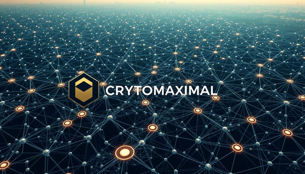 A sprawling, interconnected network of neural nodes and fractal-like algorithms, all rendered in a sleek, minimalist style. In the foreground, a CRYPTOMAXIMAL logo stands out, its geometric shapes and muted colors hinting at the underlying complexity. The middle ground features a matrix of interlocking data streams, flowing and pulsing with the energy of decentralized machine learning. In the background, a landscape of abstract, hexagonal shapes and glowing orbs suggests the vast, decentralized nature of the AI ecosystem. The overall atmosphere is one of technological sophistication and the promise of a future shaped by autonomous, distributed intelligence.