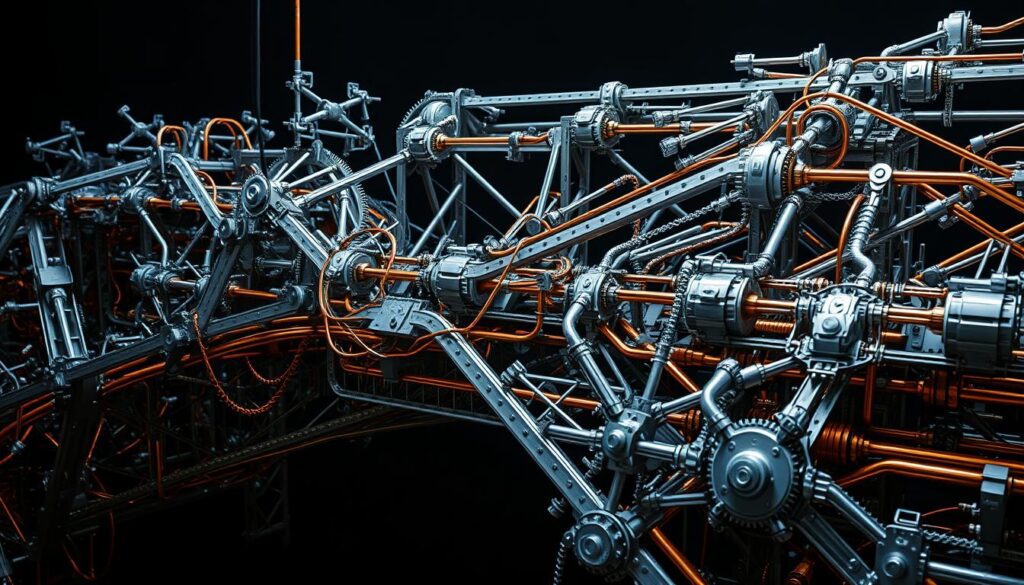 A sprawling, intricate blockchain bridge mechanism unfolds in high-fidelity detail, captured under dramatic studio lighting. Sleek metallic components interlock and intersect, forming a complex web of pathways for secure cross-chain transactions. Gears, circuits, and conduits in shades of silver and copper seamlessly blend form and function, exuding a sense of advanced technological sophistication. The overall composition conveys a powerful, almost hypnotic, aesthetic that elegantly visualizes the conceptual elegance and technical prowess of cross-chain bridge technology.
