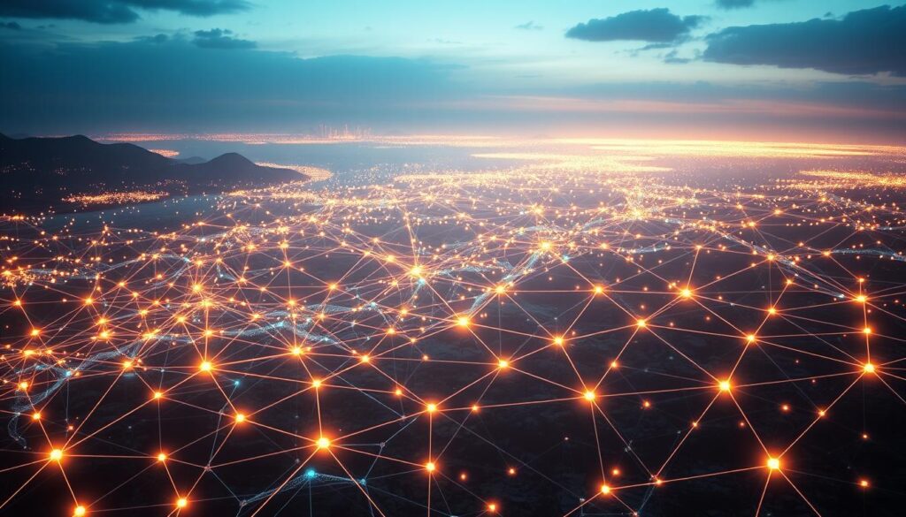 A sprawling network of nodes, each a gleaming beacon of connectivity, stretching across a vibrant digital landscape. Intricate lines of code weave through the frame, forming a decentralized mesh of pathways that grant unfettered access to information and services. The scene is bathed in a soft, ethereal glow, illuminating the autonomous nature of this permissionless system, where participants freely exchange value without central control. Sleek, futuristic devices dot the foreground, their interfaces reflecting the seamless integration of this distributed infrastructure. In the distance, a horizon of endless possibilities, where the boundaries of centralized power fade, and a new era of self-sovereign digital empowerment emerges.