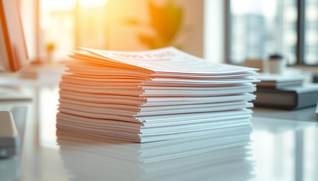 A stack of realistic-looking 1099 tax forms, illuminated by warm, natural lighting. The forms are positioned on a clean, minimalist desk, with a slight angle to create depth and perspective. The surface reflects the forms, creating a sense of depth and realism. The background is blurred, but hints at a modern, professional office setting, with subtle hints of technology or business-related objects. The mood is one of organization, attention to detail, and the administrative tasks associated with filing taxes and managing financial records. The overall image conveys the importance and seriousness of the 1099 forms in the context of cryptocurrency tax reporting.