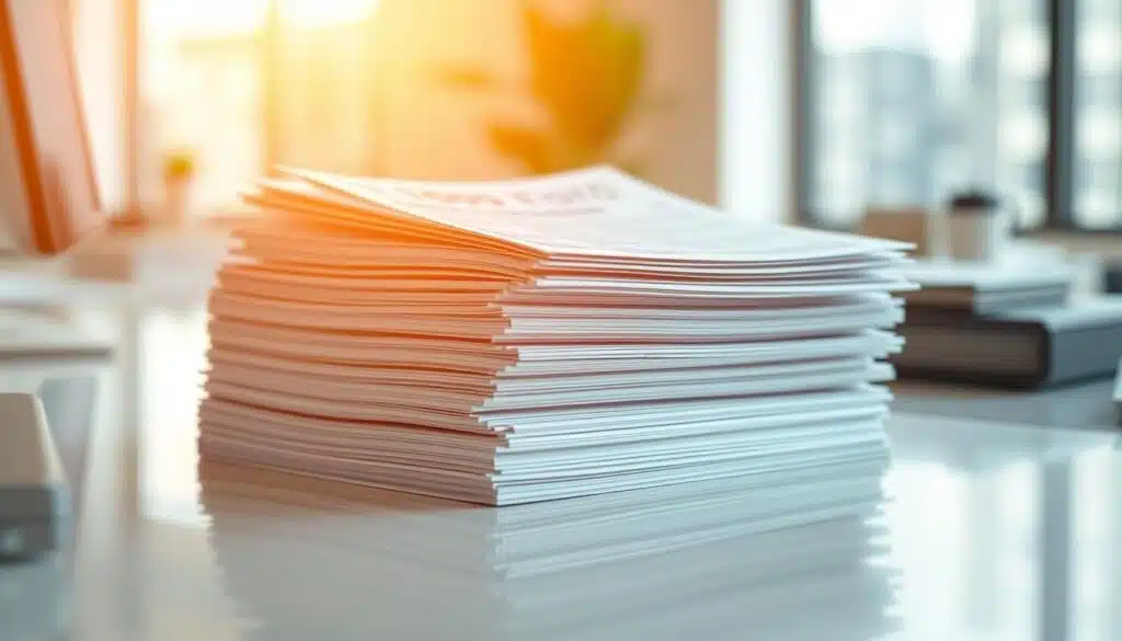 A stack of realistic-looking 1099 tax forms, illuminated by warm, natural lighting. The forms are positioned on a clean, minimalist desk, with a slight angle to create depth and perspective. The surface reflects the forms, creating a sense of depth and realism. The background is blurred, but hints at a modern, professional office setting, with subtle hints of technology or business-related objects. The mood is one of organization, attention to detail, and the administrative tasks associated with filing taxes and managing financial records. The overall image conveys the importance and seriousness of the 1099 forms in the context of cryptocurrency tax reporting.