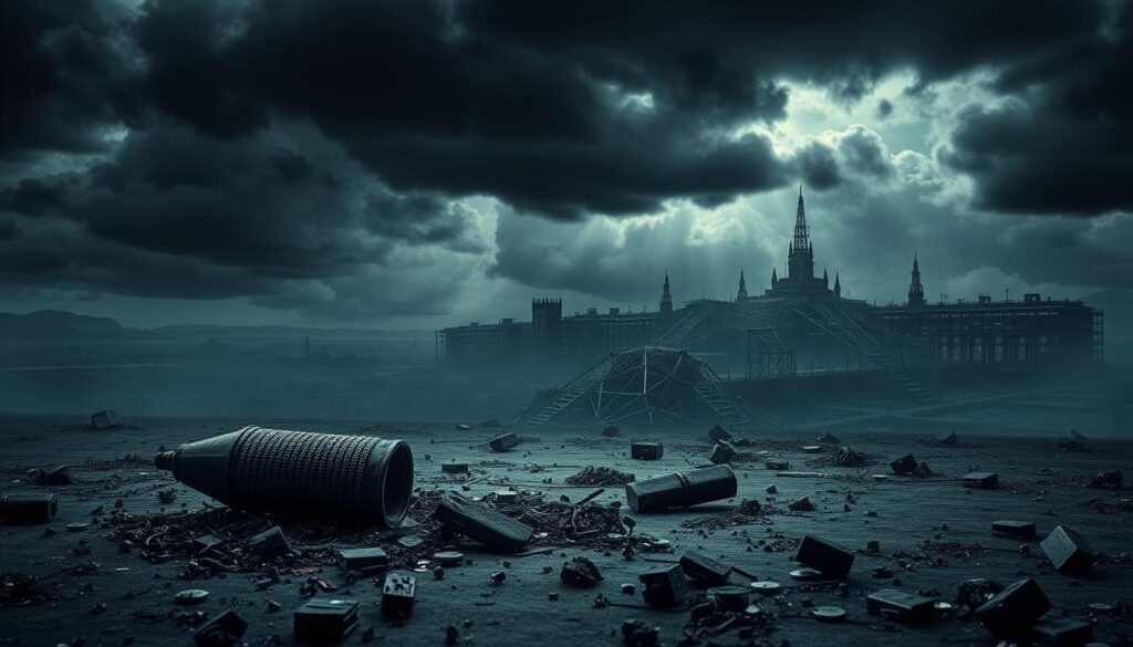 A stark, dystopian scene depicting the aftermath of a 51% attack on a blockchain network. In the foreground, a hacked blockchain node lies shattered, surrounded by scattered digital detritus. The middle ground features a tangled web of corrupted transaction data, visualized as glitching, fragmented digital ledgers. In the distant background, a once-vibrant blockchain infrastructure has collapsed, rendered inoperative by the devastating attack. Ominous clouds loom overhead, casting an eerie, foreboding tone. The lighting is dramatic, with hard shadows and moody chiaroscuro effects, heightening the sense of chaos and disruption. The overall composition conveys the profound impact of a successful 51% attack on the integrity and resilience of a blockchain system.