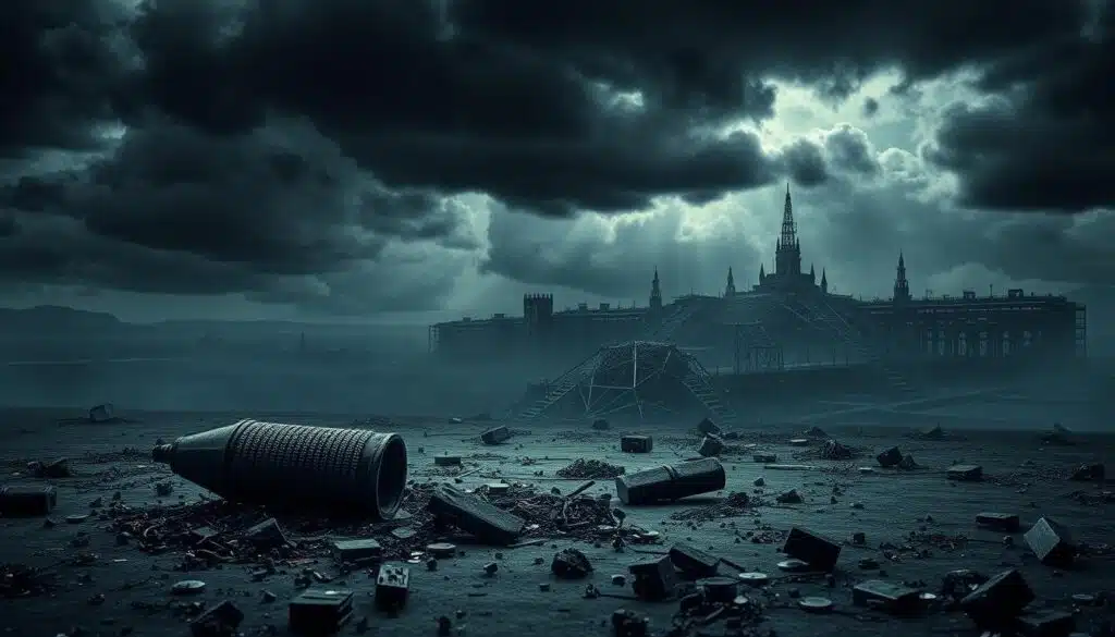 A stark, dystopian scene depicting the aftermath of a 51% attack on a blockchain network. In the foreground, a hacked blockchain node lies shattered, surrounded by scattered digital detritus. The middle ground features a tangled web of corrupted transaction data, visualized as glitching, fragmented digital ledgers. In the distant background, a once-vibrant blockchain infrastructure has collapsed, rendered inoperative by the devastating attack. Ominous clouds loom overhead, casting an eerie, foreboding tone. The lighting is dramatic, with hard shadows and moody chiaroscuro effects, heightening the sense of chaos and disruption. The overall composition conveys the profound impact of a successful 51% attack on the integrity and resilience of a blockchain system.